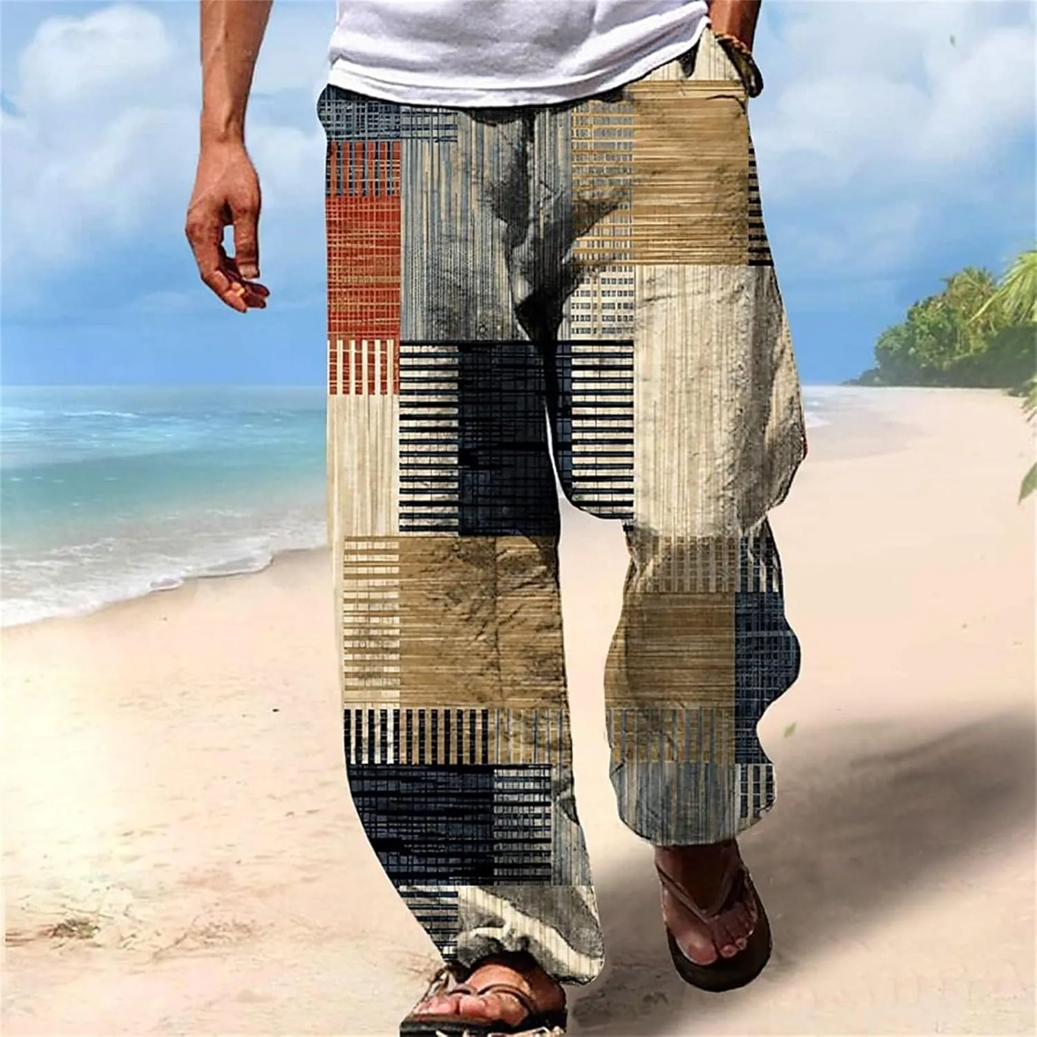 Men Color Block Casual Pants Trendy Irregular Print Slacks Drawstring Relaxed Fit Beach Vacation Trousers for Summer