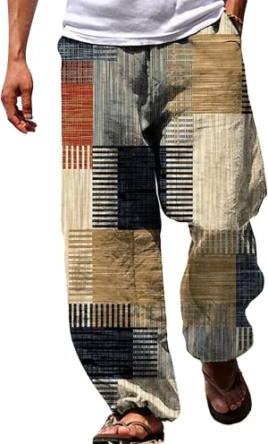 Men Color Block Casual Pants Trendy Irregular Print Slacks Drawstring Relaxed Fit Beach Vacation Trousers for Summer