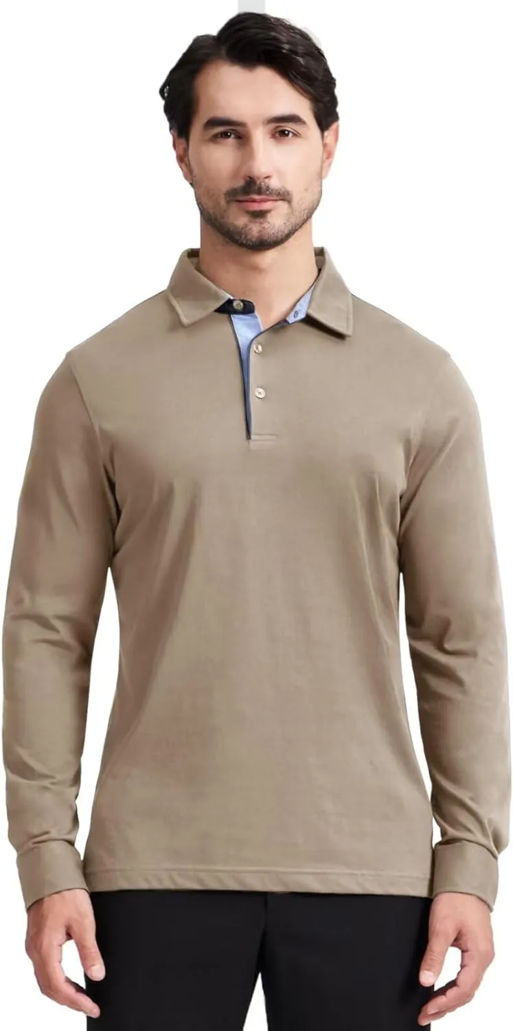 Men's Business Long and Short Sleeve Polo Shirts Mercerized Cotton Blend Casual Stylish Collared Shirts