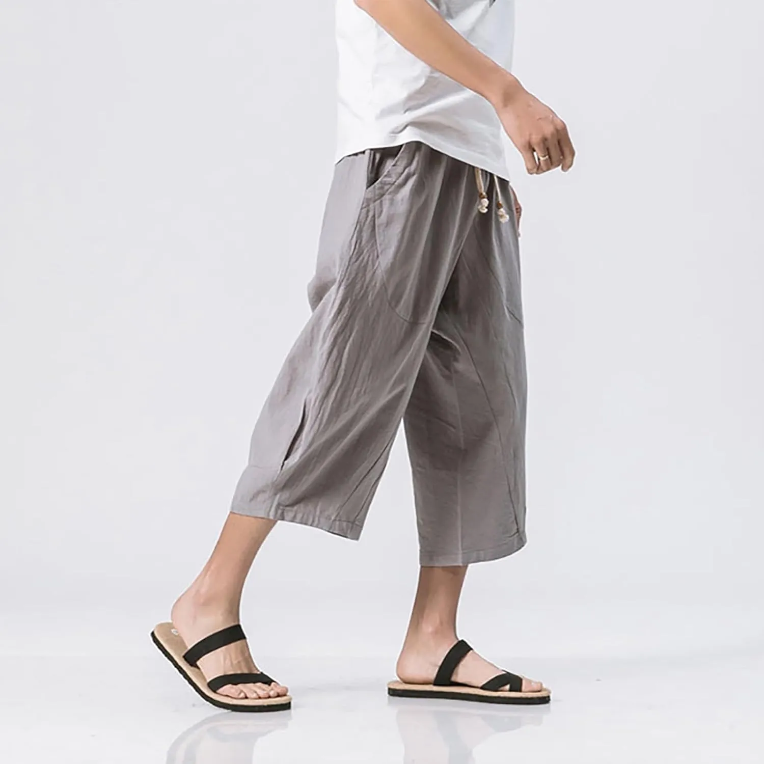 Mens Casual Pants Linen Pants Drawstring Beach Pants Relaxed-Fit Yoga Pants Summer Elastic Waist Pants