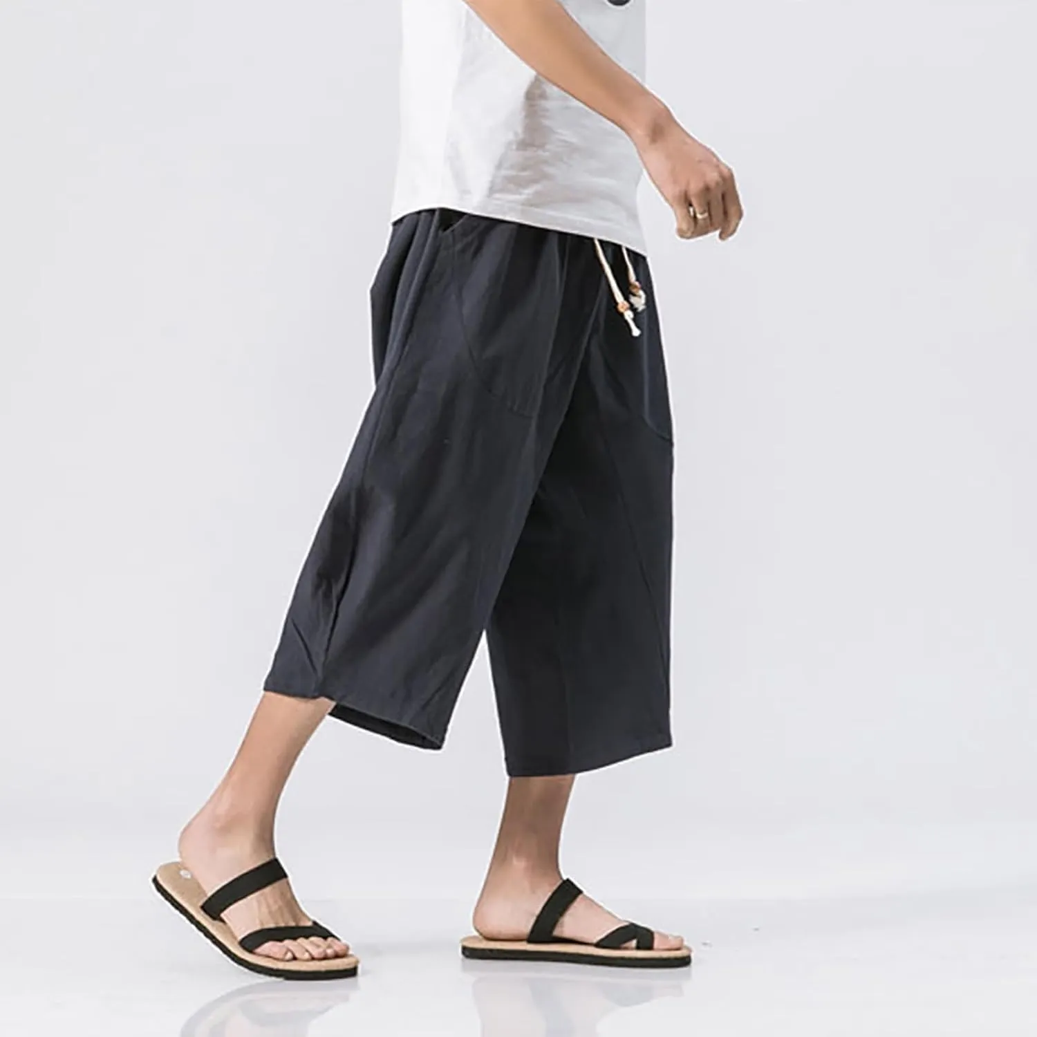 Mens Casual Pants Linen Pants Drawstring Beach Pants Relaxed-Fit Yoga Pants Summer Elastic Waist Pants