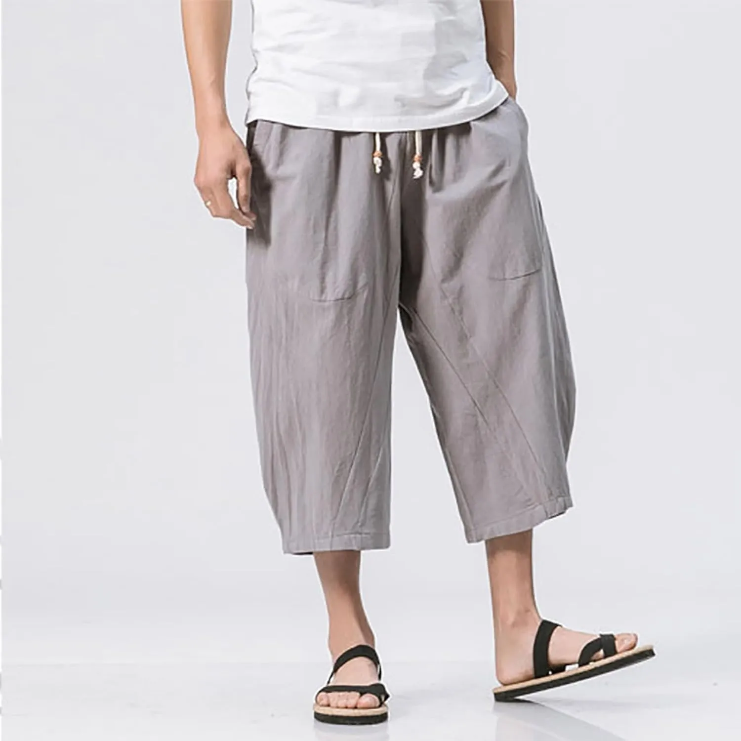 Mens Casual Pants Linen Pants Drawstring Beach Pants Relaxed-Fit Yoga Pants Summer Elastic Waist Pants
