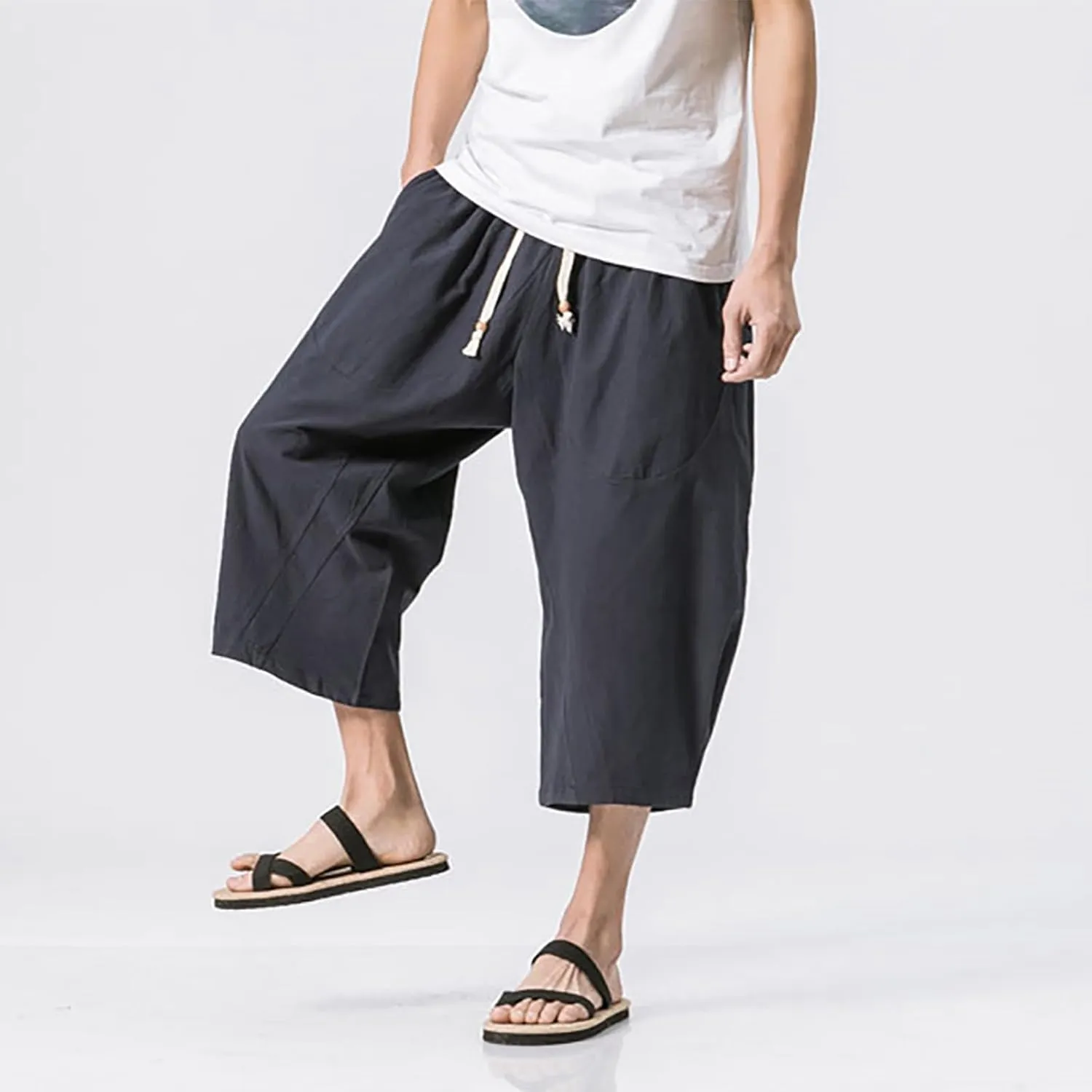 Mens Casual Pants Linen Pants Drawstring Beach Pants Relaxed-Fit Yoga Pants Summer Elastic Waist Pants
