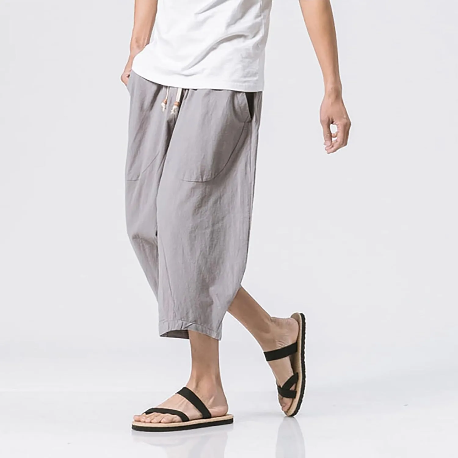 Mens Casual Pants Linen Pants Drawstring Beach Pants Relaxed-Fit Yoga Pants Summer Elastic Waist Pants