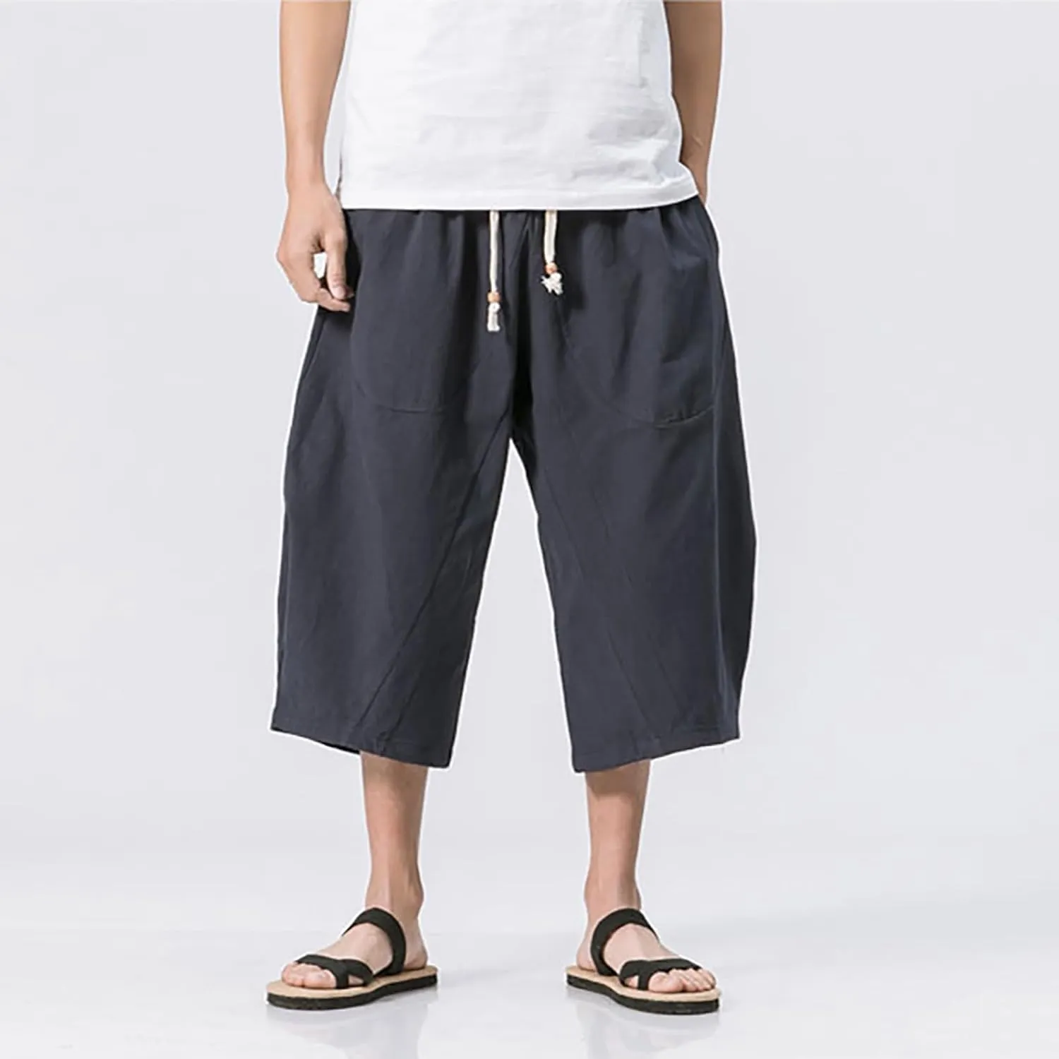 Mens Casual Pants Linen Pants Drawstring Beach Pants Relaxed-Fit Yoga Pants Summer Elastic Waist Pants