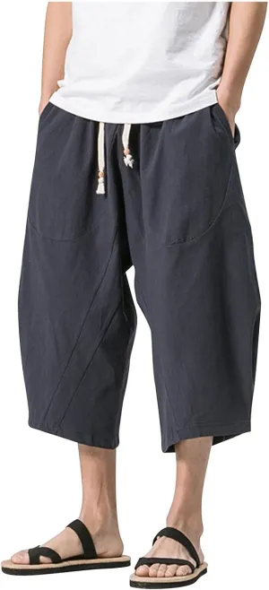 Mens Casual Pants Linen Pants Drawstring Beach Pants Relaxed-Fit Yoga Pants Summer Elastic Waist Pants
