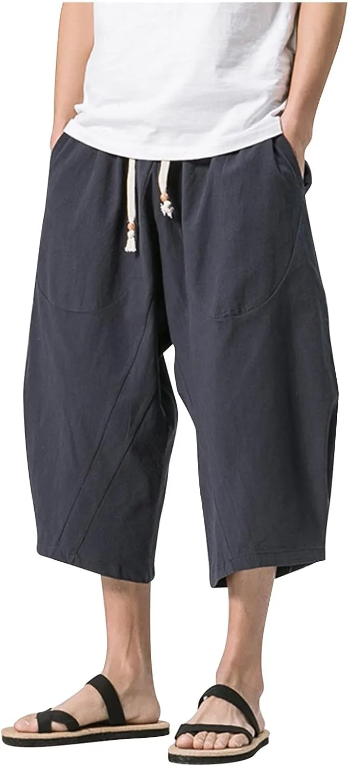Mens Casual Pants Linen Pants Drawstring Beach Pants Relaxed-Fit Yoga Pants Summer Elastic Waist Pants