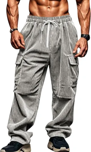 Mens Corduroy Cargo Pants Relaxed Fit Joggers Breathable Beach Pants Lightweight Elastic Drawstring Sweatpants Comfy