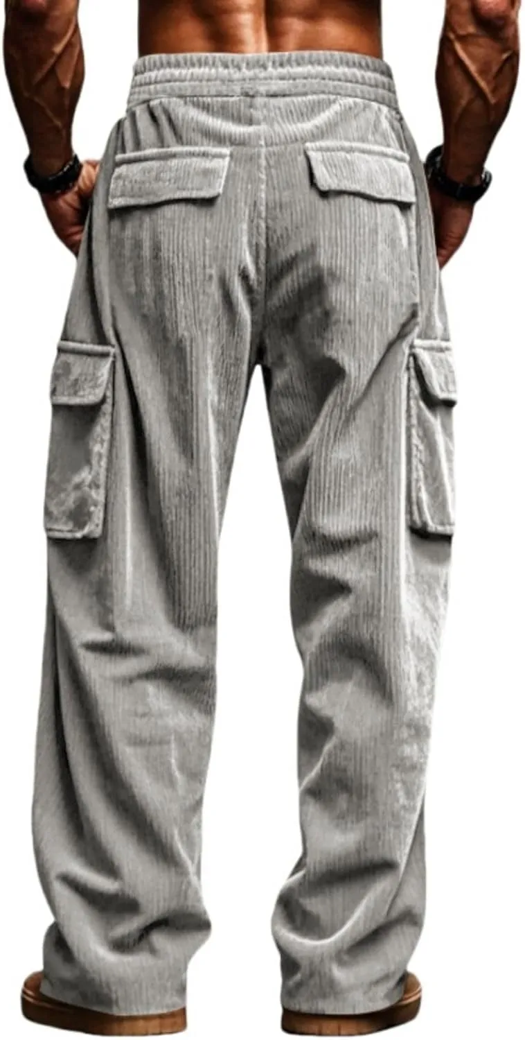 Mens Corduroy Cargo Pants Relaxed Fit Joggers Breathable Beach Pants Lightweight Elastic Drawstring Sweatpants Comfy