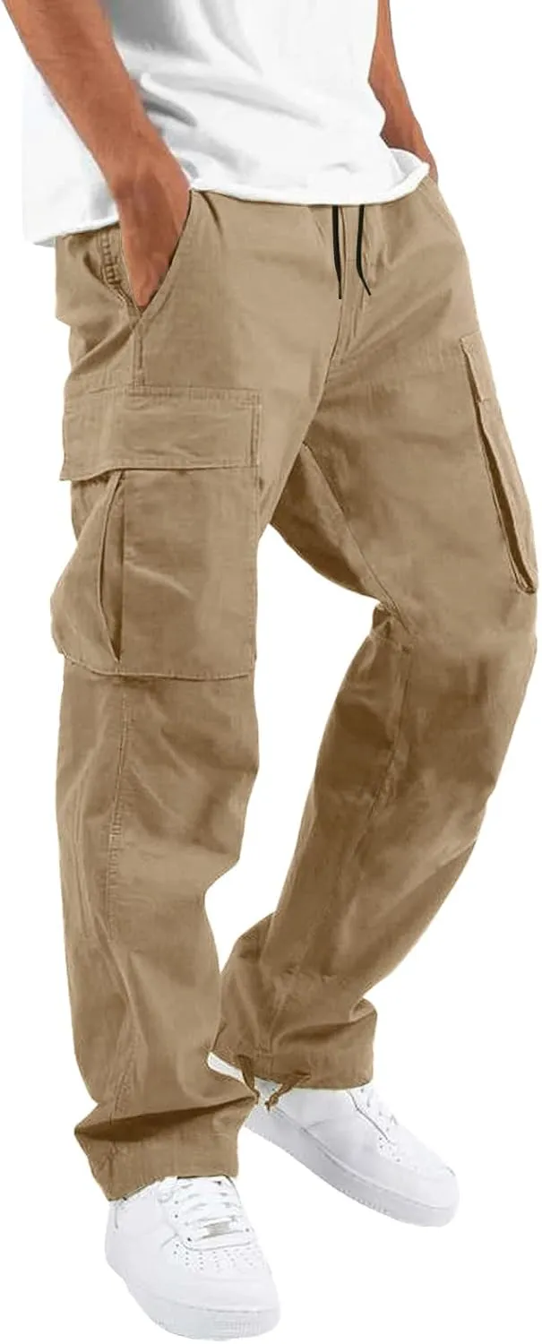Mens Pants Casual Relaxed Fit Joggers Hiking Drawstring Chino Cargo Pants Straight Leg Pants Winter Workout Sweatpants