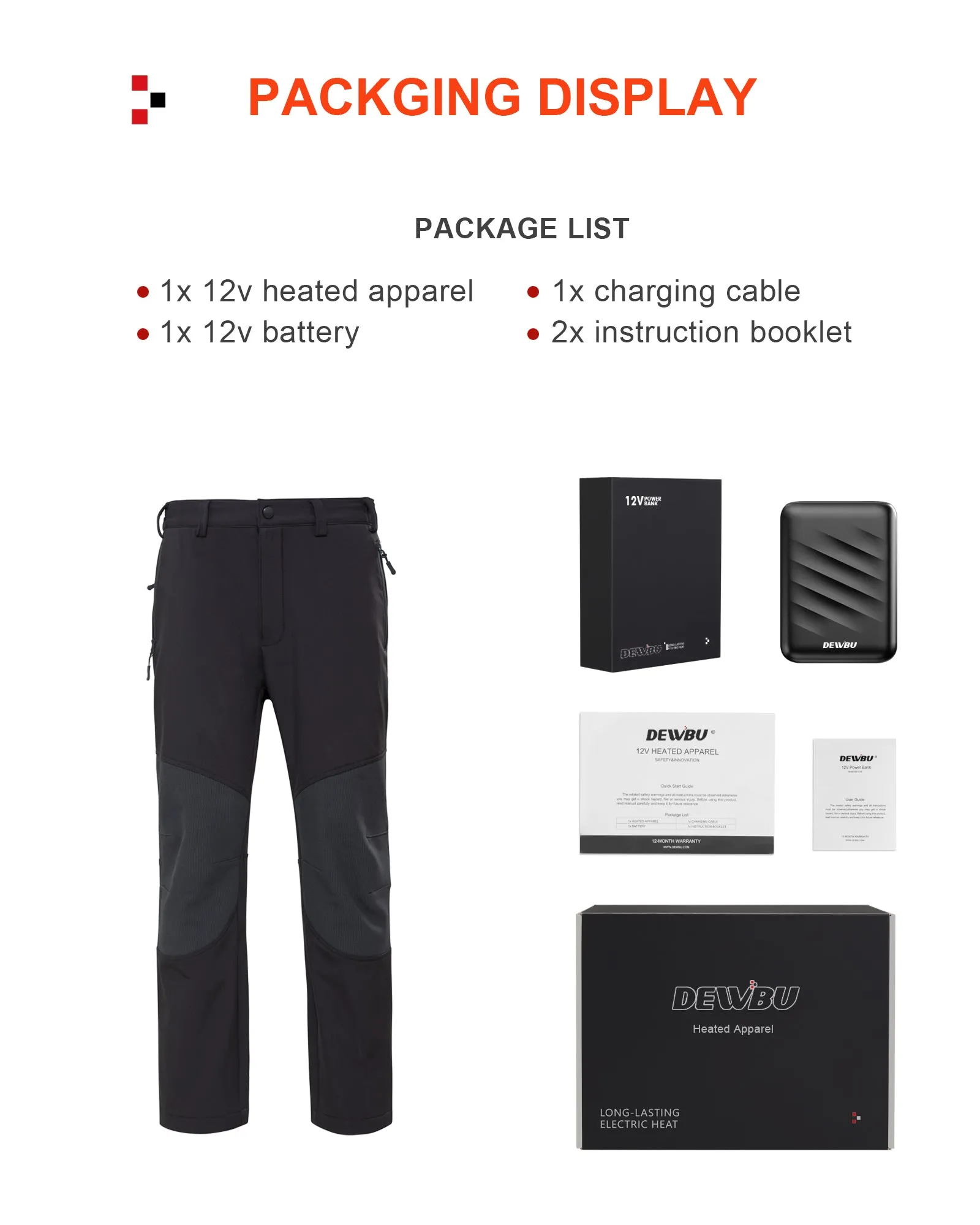Men's Soft Shell  Heated Pants with 12V Battery Pack Fleece Lined - Black