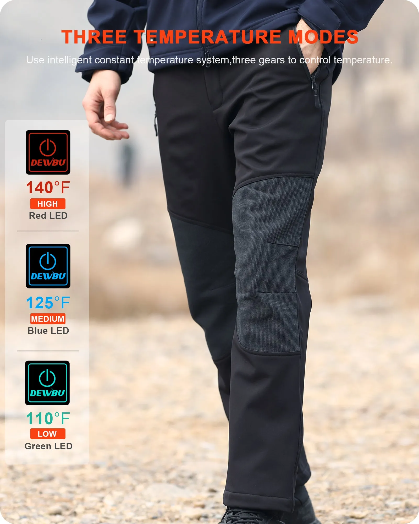Men's Soft Shell  Heated Pants with 12V Battery Pack Fleece Lined - Black