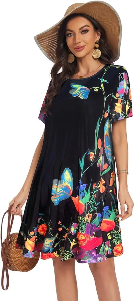 My Sky Women Summer Dresses Casual Short Sleeves Tshirt Cute Flowy Beach Plus Size Sundress with Pockets