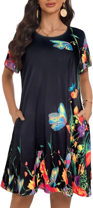 My Sky Women Summer Dresses Casual Short Sleeves Tshirt Cute Flowy Beach Plus Size Sundress with Pockets