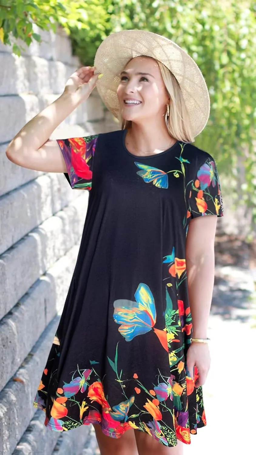 My Sky Women Summer Dresses Casual Short Sleeves Tshirt Cute Flowy Beach Plus Size Sundress with Pockets