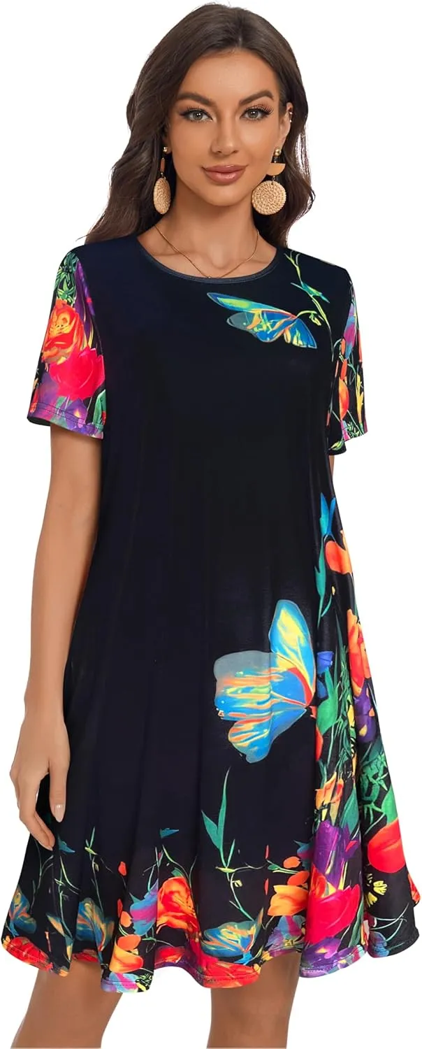 My Sky Women Summer Dresses Casual Short Sleeves Tshirt Cute Flowy Beach Plus Size Sundress with Pockets