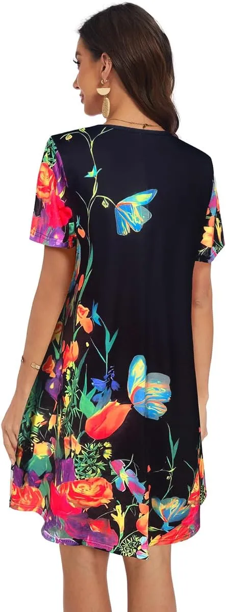 My Sky Women Summer Dresses Casual Short Sleeves Tshirt Cute Flowy Beach Plus Size Sundress with Pockets