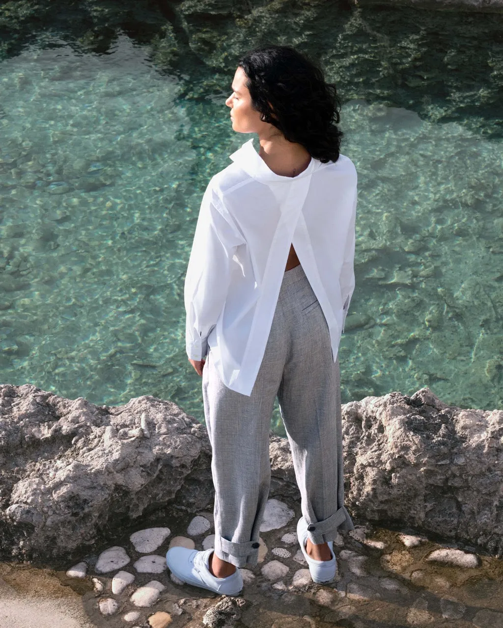 Open Back Collared Shirt-white