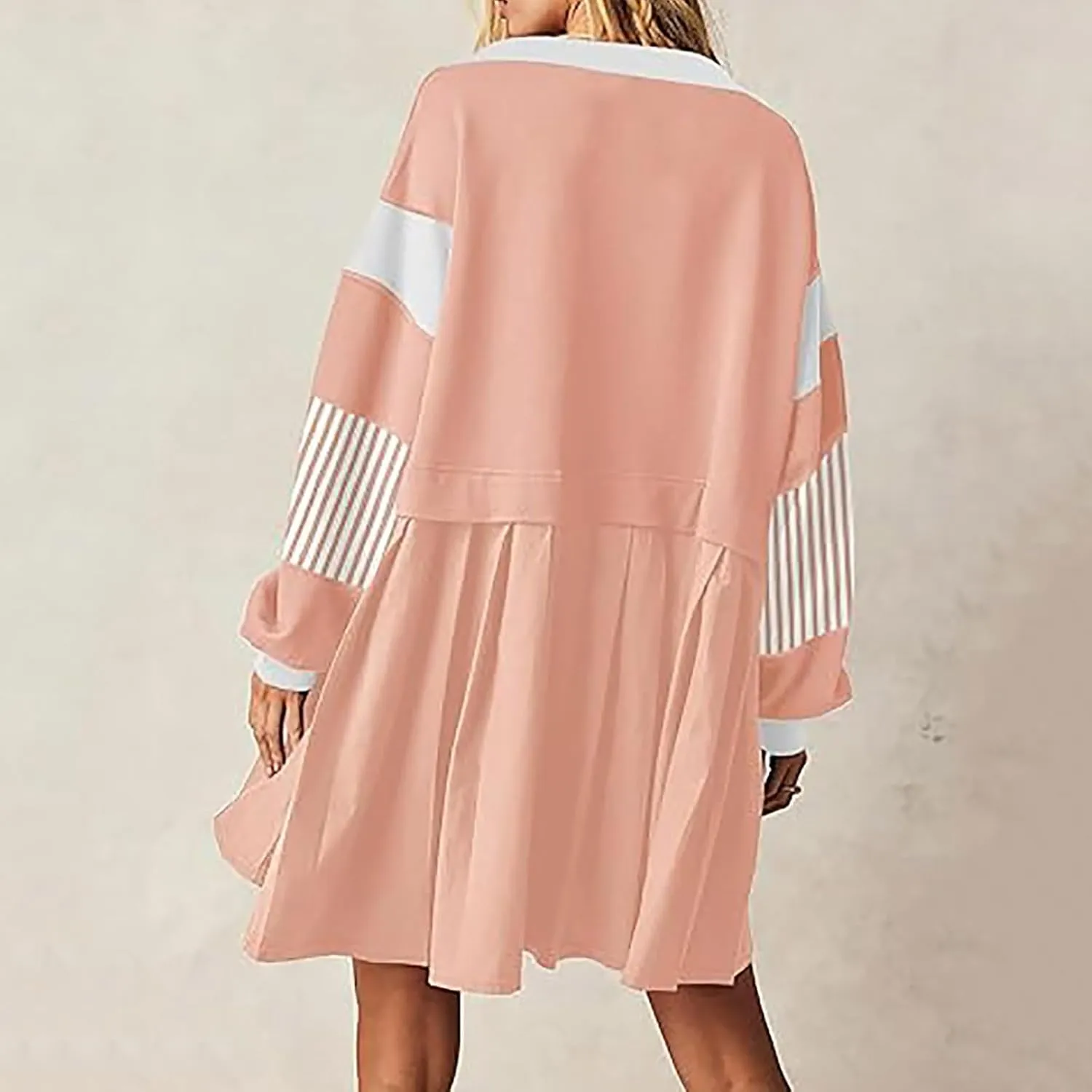 Oversized Sweatshirt for Women Long Sleeve V Neck Patchwork Pleated Pullover Mini Dress Fall Clothes 2024