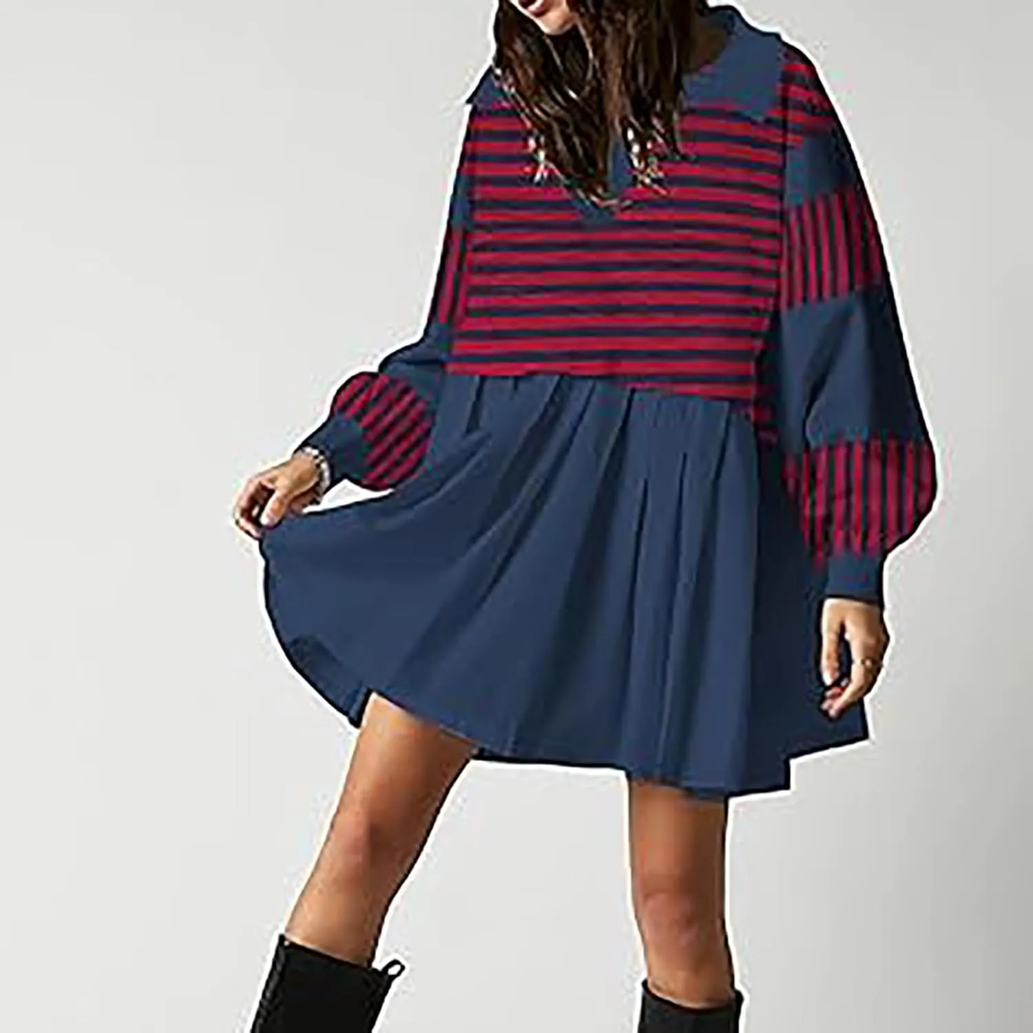 Oversized Sweatshirt for Women Long Sleeve V Neck Patchwork Pleated Pullover Mini Dress Fall Clothes 2024