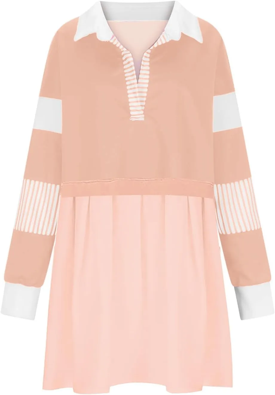 Oversized Sweatshirt for Women Long Sleeve V Neck Patchwork Pleated Pullover Mini Dress Fall Clothes 2024