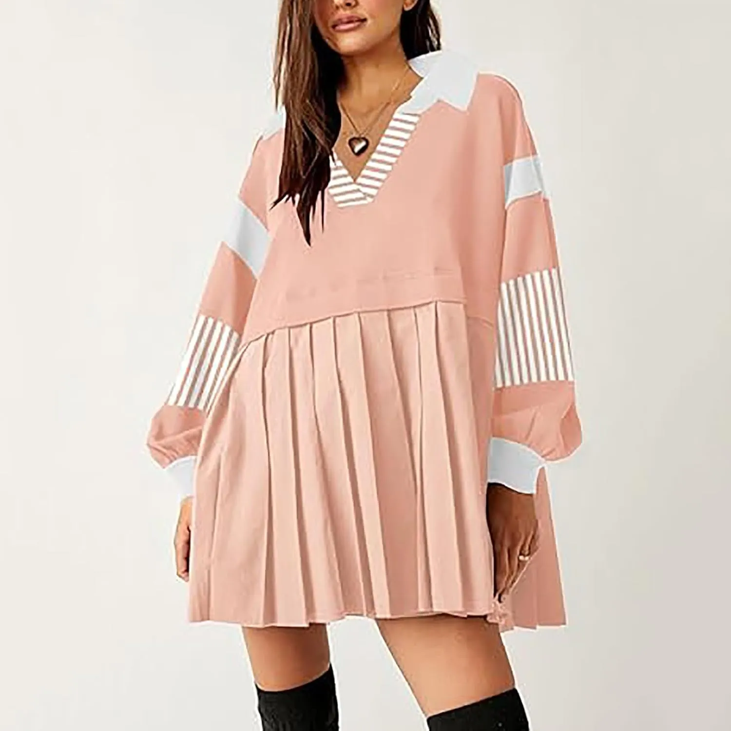 Oversized Sweatshirt for Women Long Sleeve V Neck Patchwork Pleated Pullover Mini Dress Fall Clothes 2024