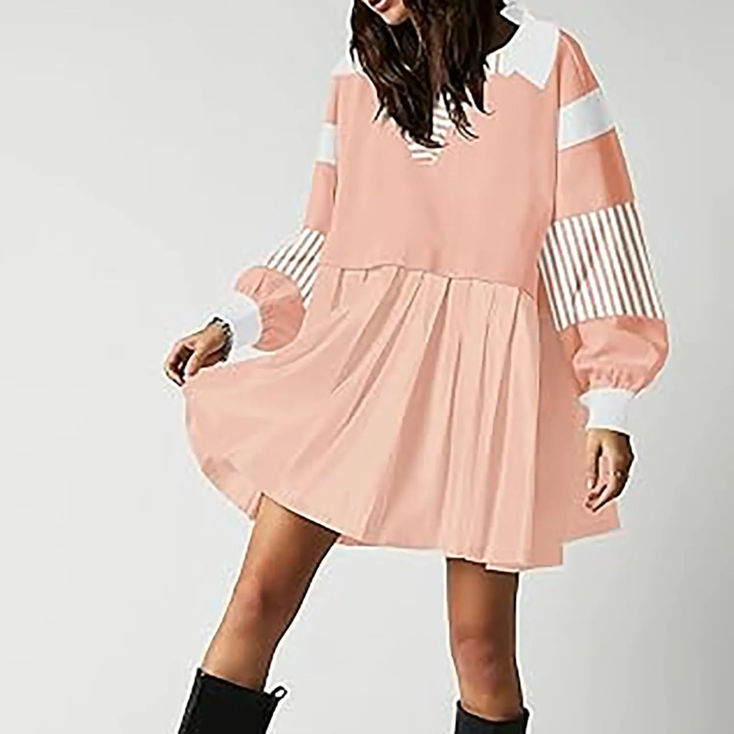 Oversized Sweatshirt for Women Long Sleeve V Neck Patchwork Pleated Pullover Mini Dress Fall Clothes 2024