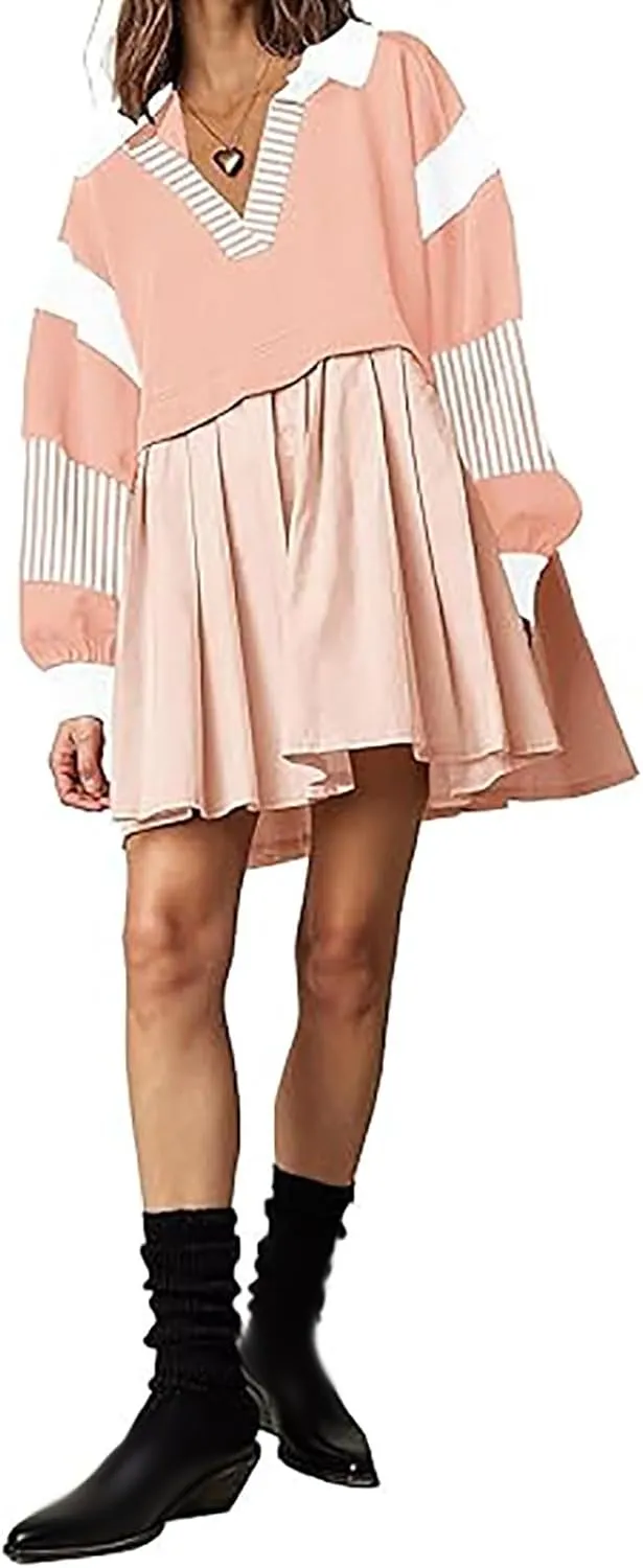 Oversized Sweatshirt for Women Long Sleeve V Neck Patchwork Pleated Pullover Mini Dress Fall Clothes 2024