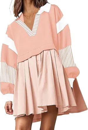Oversized Sweatshirt for Women Long Sleeve V Neck Patchwork Pleated Pullover Mini Dress Fall Clothes 2024