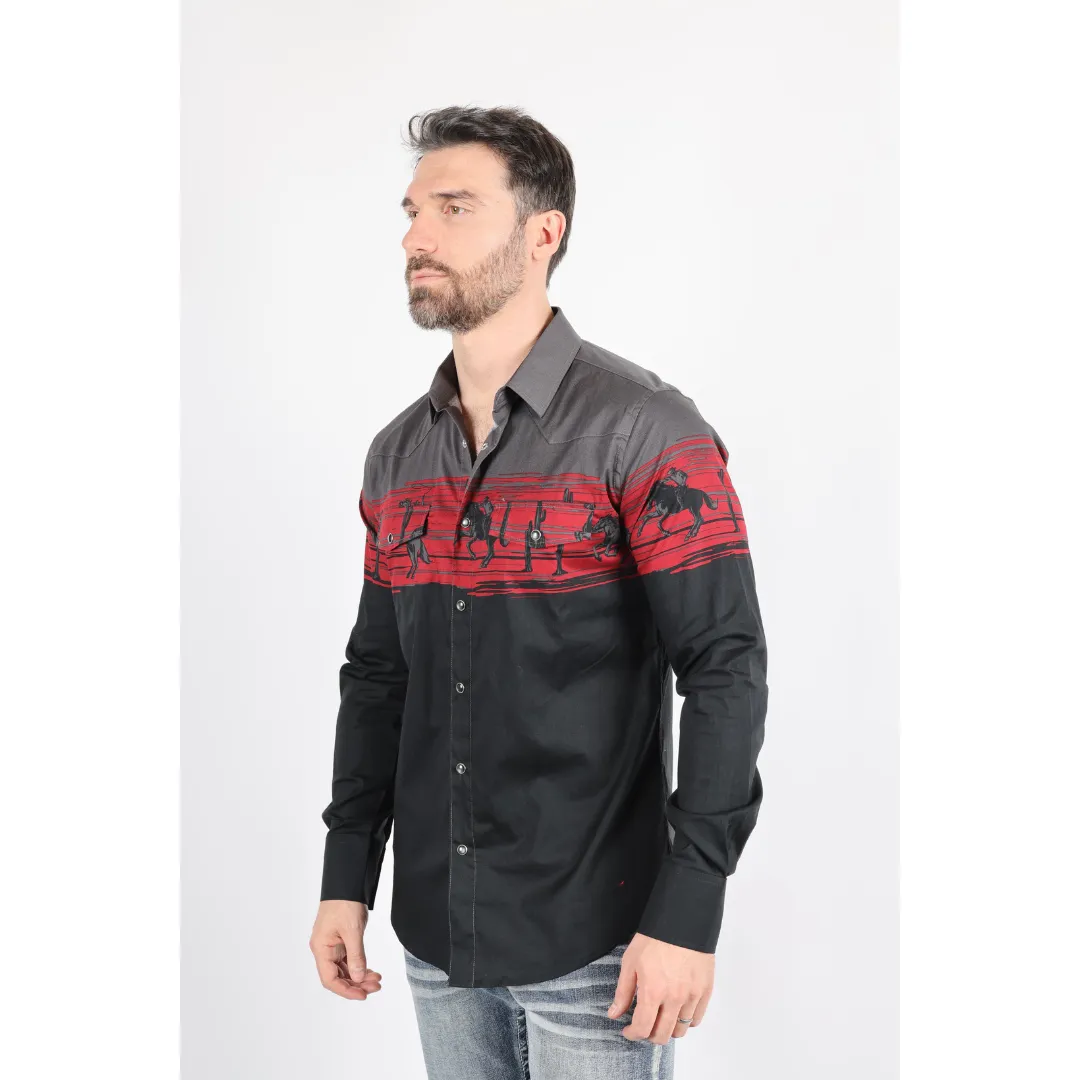 Platini Men's Modern Fit Cotton Stretch Rodeo Panoramic Shirt - Black