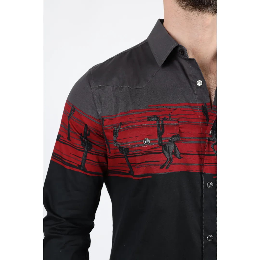Platini Men's Modern Fit Cotton Stretch Rodeo Panoramic Shirt - Black