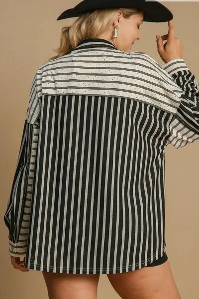 Pointelle Stripped Half Button Collared Neck Top Plus Size