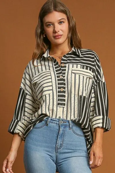 Pointelle Stripped Half Button Collared Neck Top Plus Size