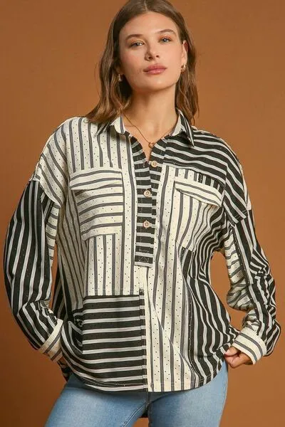 Pointelle Stripped Half Button Collared Neck Top Plus Size