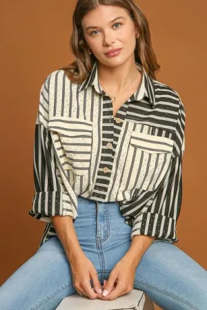 Pointelle Stripped Half Button Collared Neck Top Plus Size