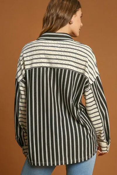 Pointelle Stripped Half Button Collared Neck Top Plus Size
