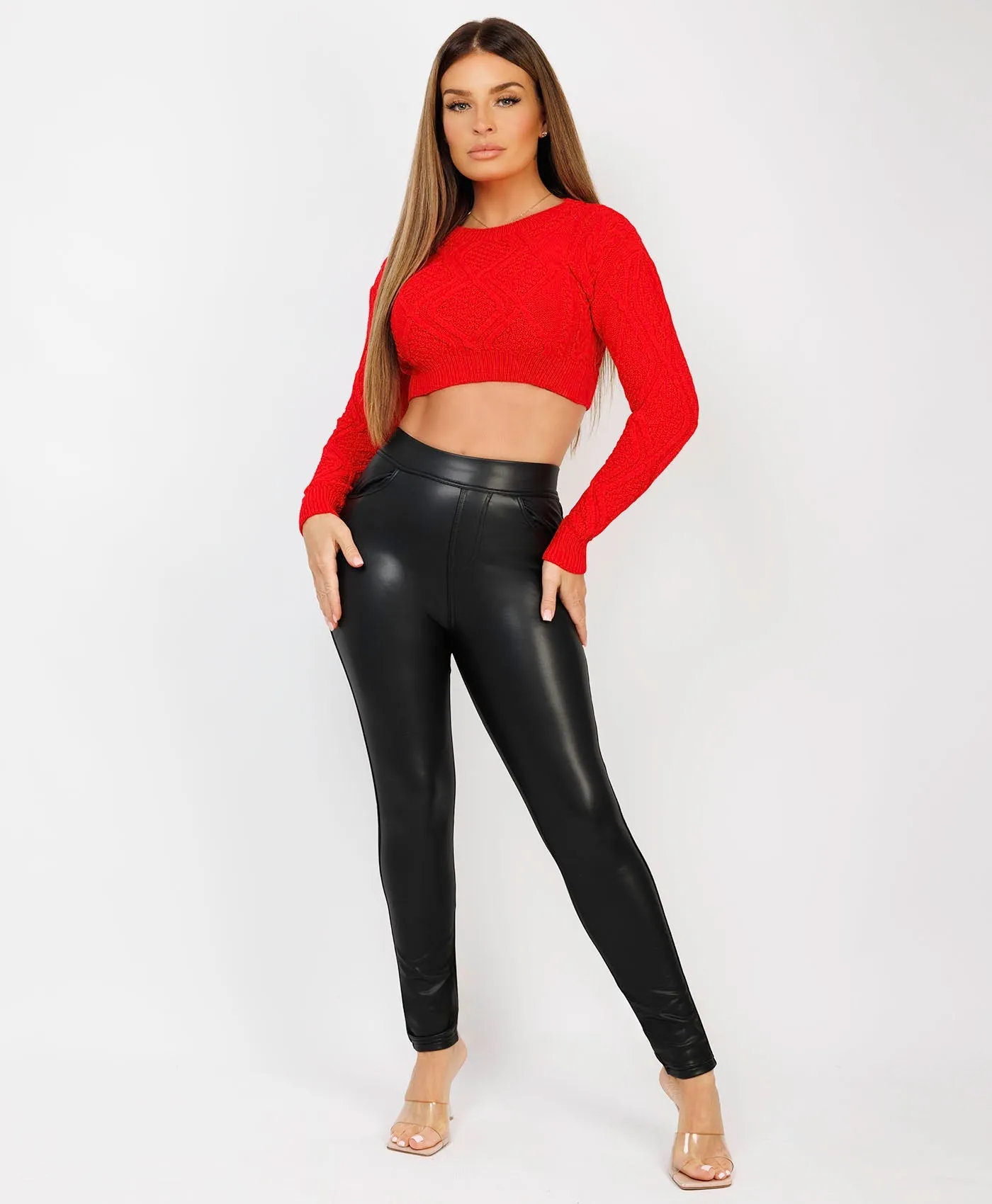 Red Twist Pattern Cropped Knitted Sweater