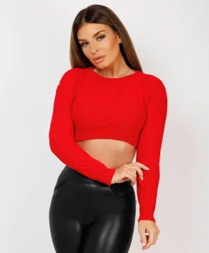 Red Twist Pattern Cropped Knitted Sweater