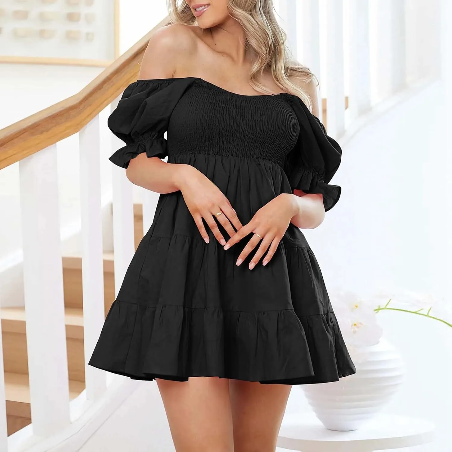 Sexy Dresses for Women 2025 Summer Cotton Lantern Sleeves Short Sundress Ruffled Off Shoulder A-Line Mini Dresses