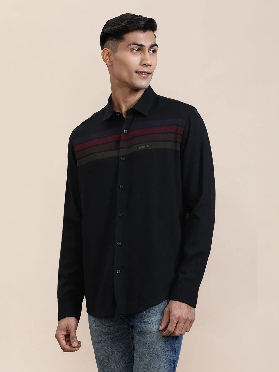 Sleek Black Striped Comfort Fit Shirt