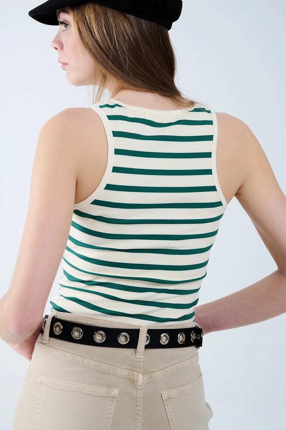 Striped White Tank Top With Green