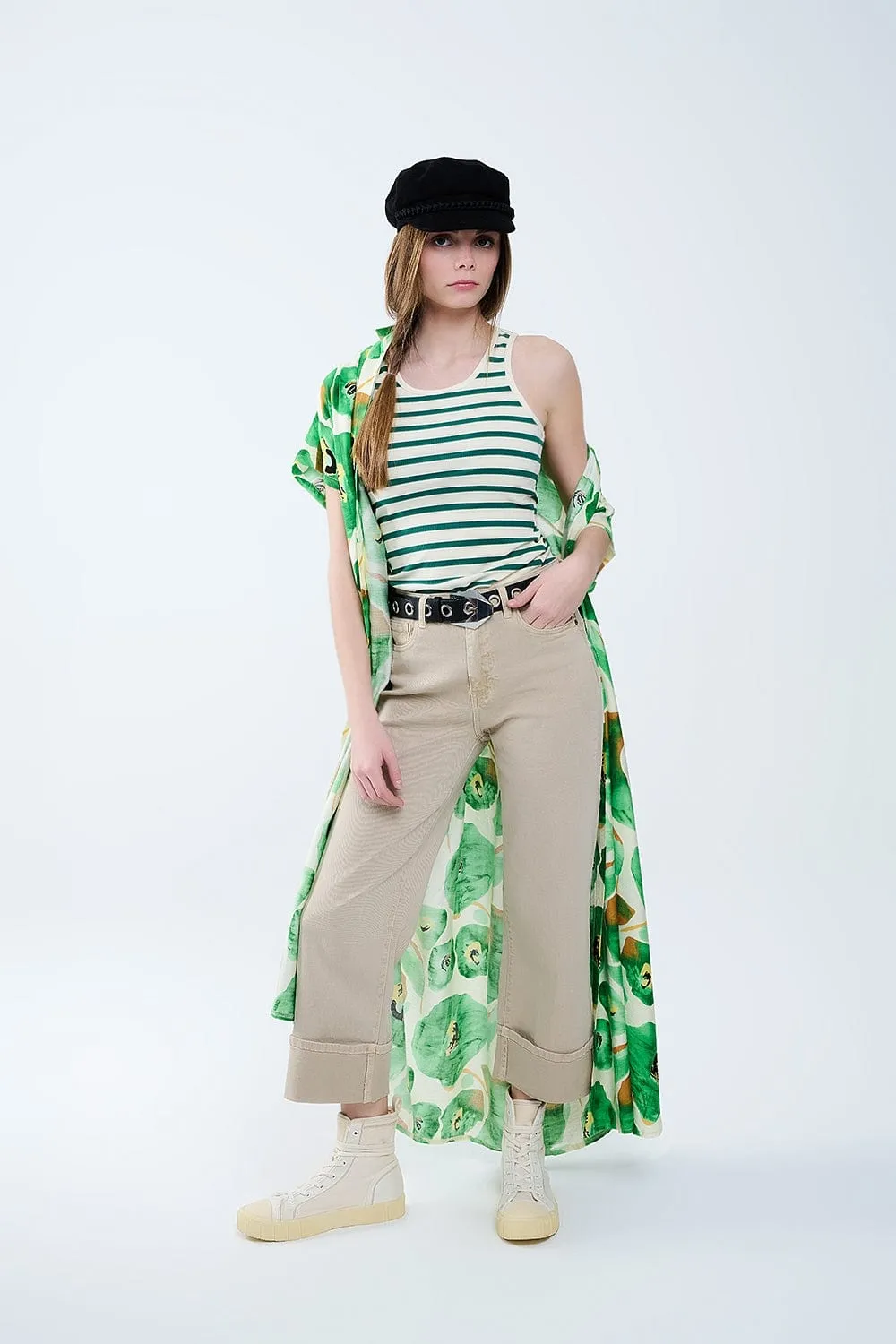 Striped White Tank Top With Green