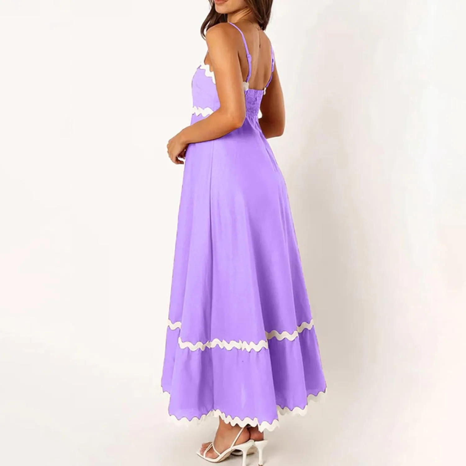 Summer Casual Boho Dresses for Women 2024 RIC Rac Spaghetti Strap Flowy Maxi Dress Berach Smocked Flowy Sundress