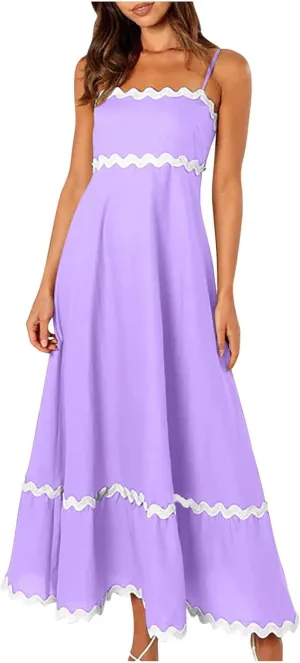 Summer Casual Boho Dresses for Women 2024 RIC Rac Spaghetti Strap Flowy Maxi Dress Berach Smocked Flowy Sundress