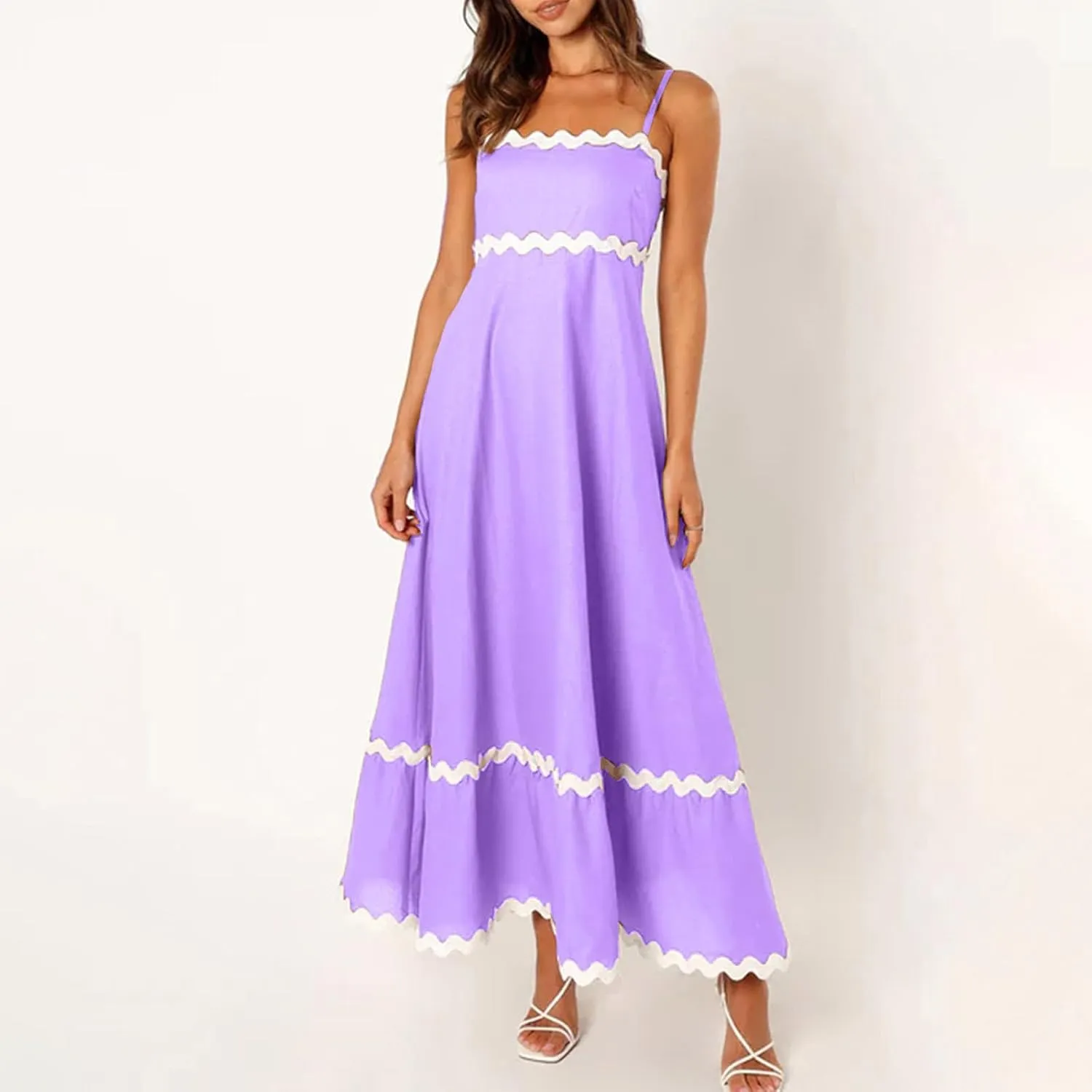 Summer Casual Boho Dresses for Women 2024 RIC Rac Spaghetti Strap Flowy Maxi Dress Berach Smocked Flowy Sundress