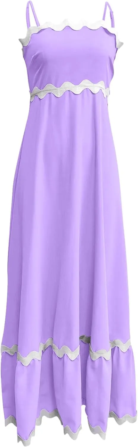 Summer Casual Boho Dresses for Women 2024 RIC Rac Spaghetti Strap Flowy Maxi Dress Berach Smocked Flowy Sundress