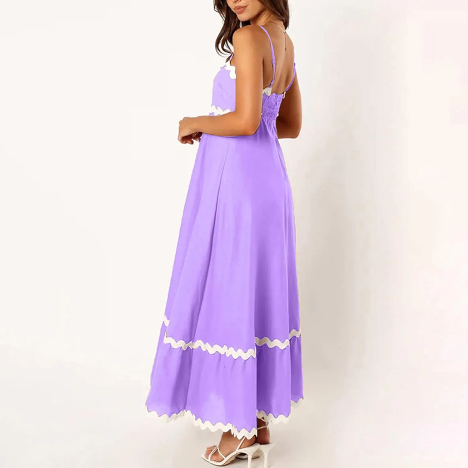 Summer Casual Boho Dresses for Women 2024 RIC Rac Spaghetti Strap Flowy Maxi Dress Berach Smocked Flowy Sundress