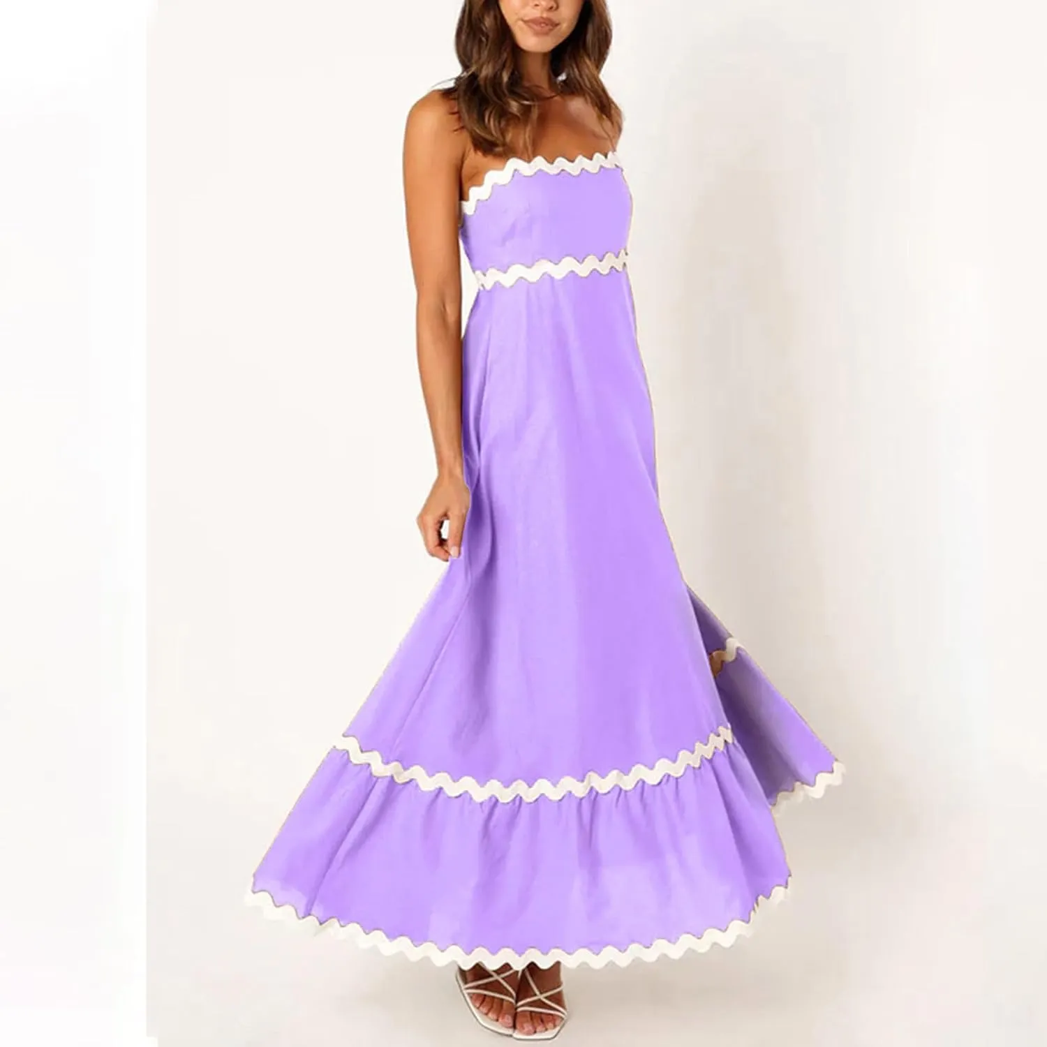 Summer Casual Boho Dresses for Women 2024 RIC Rac Spaghetti Strap Flowy Maxi Dress Berach Smocked Flowy Sundress