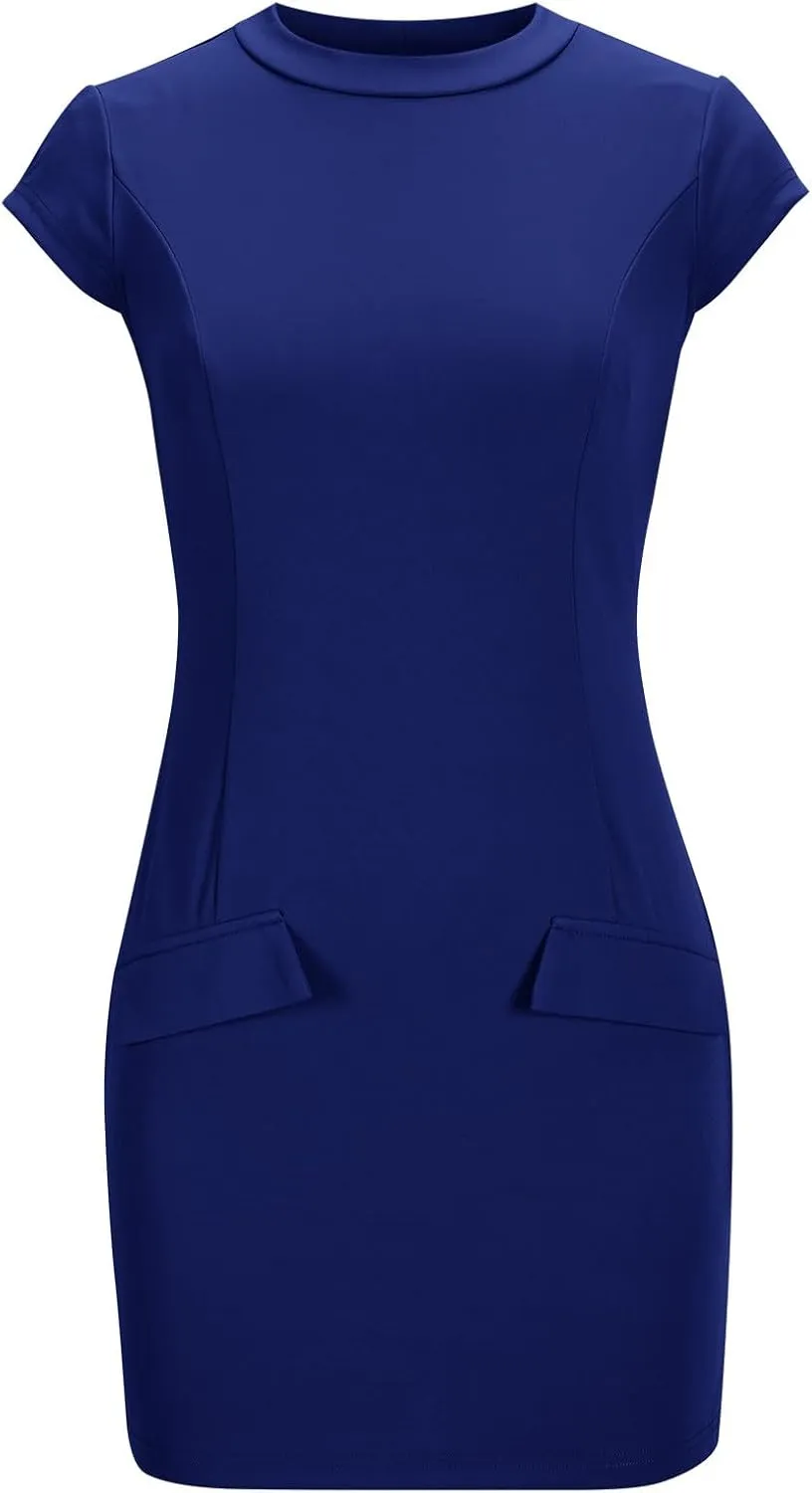 Summer Dress for Women Warp Mini Work Dresses Cap Sleeve Fitted Short Dress Crewneck Office Dress with Pockets