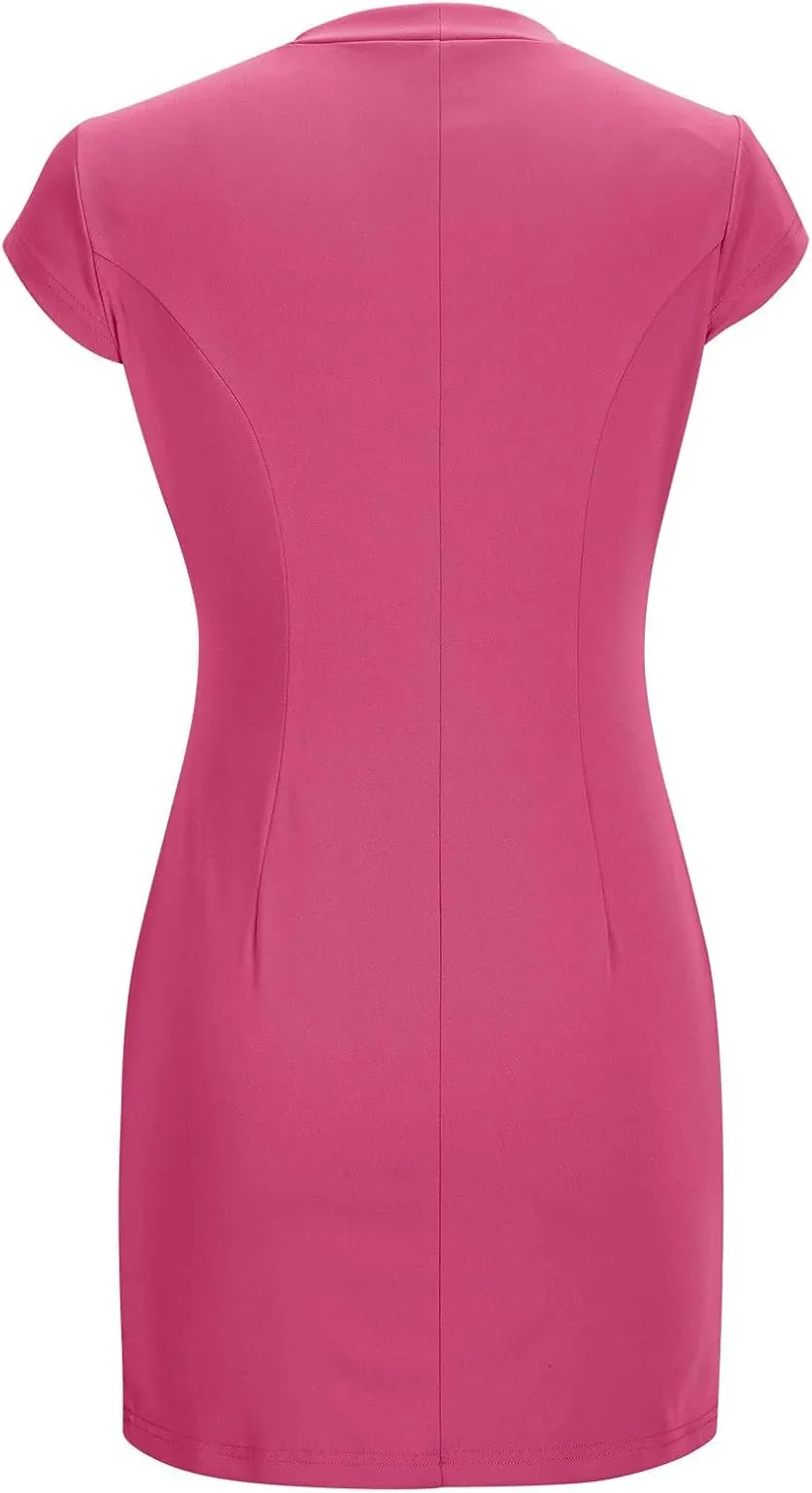 Summer Dress for Women Warp Mini Work Dresses Cap Sleeve Fitted Short Dress Crewneck Office Dress with Pockets